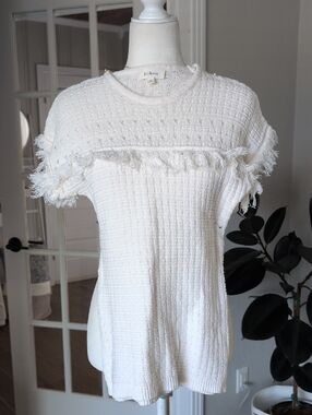 bohme Cream Fringe Knit Short Sleeve Knit Top Xs